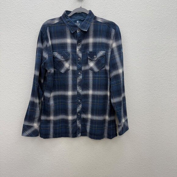 Kuhl Lowdown Blue Plaid Pearl Snap Flannel Button Up Shirt 7210 Mens size Large - Picture 1 of 8